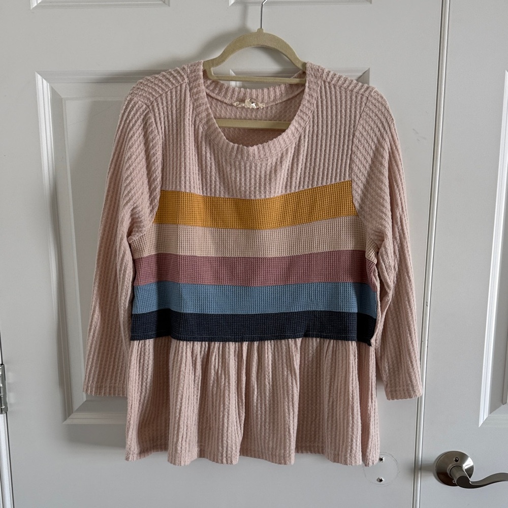 Entro Size Medium Boho Babydoll Top Rainbow Striped